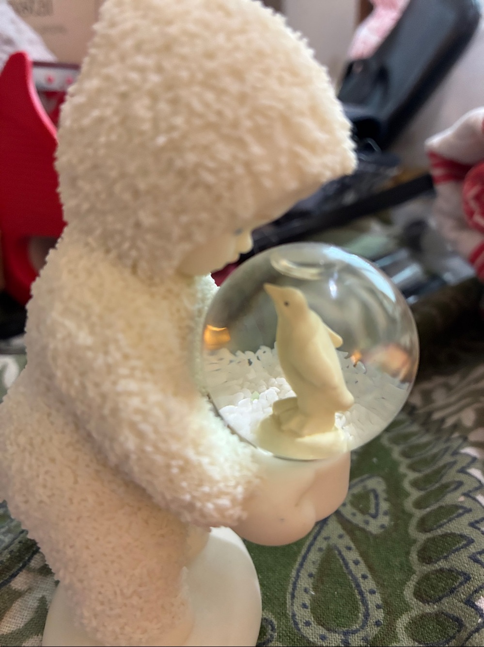 SnowBaby Holding Snow Globe w/Penquin and Snow. Dept 56 Original EC. 4.5x2.5”